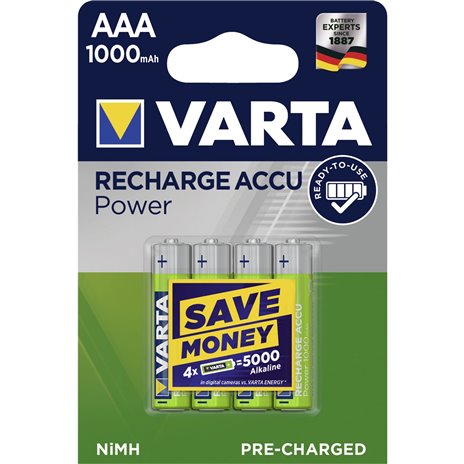 1x4 Varta Rechargeable Accu AAA Ready2Use NiMH 1000 mAh Micr